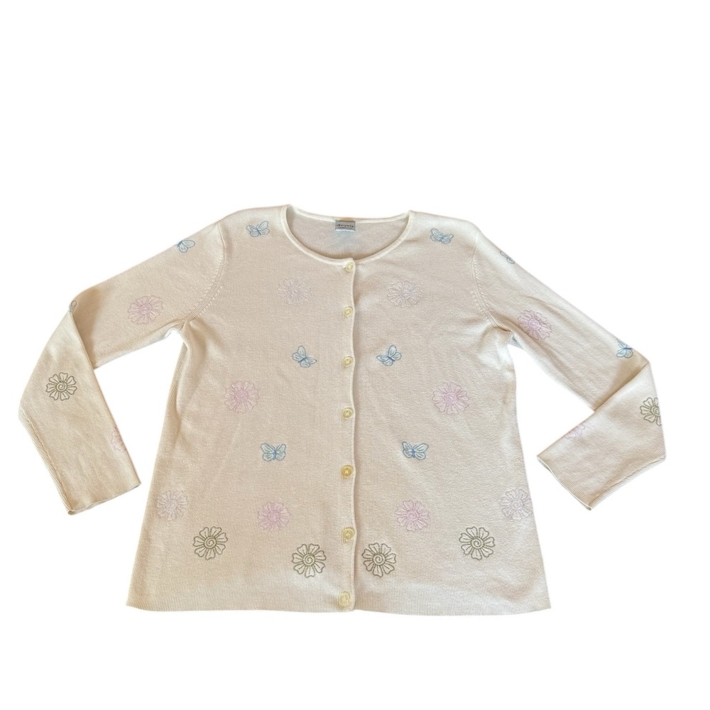 Vintage 90s Cascade Blues White‎ Cardigan Embroidered Flowers Butterfly Size L
